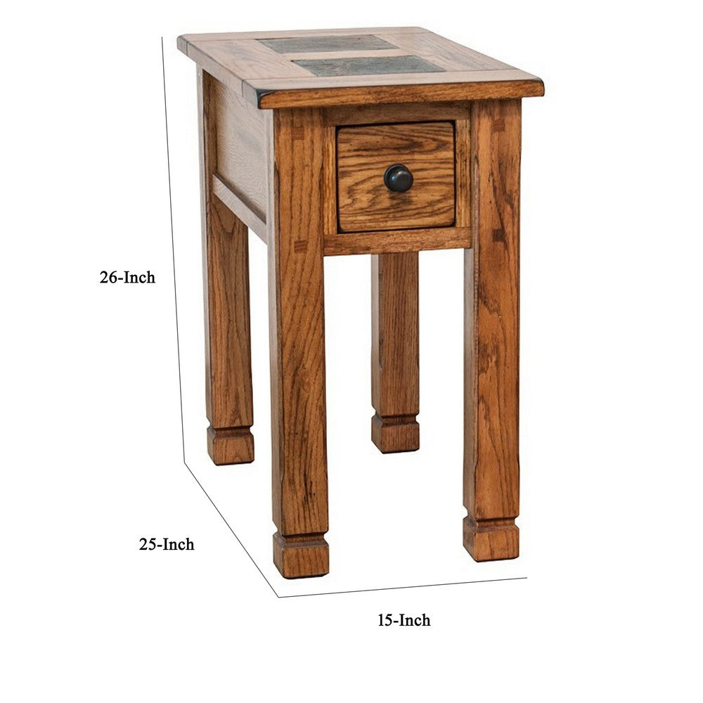 Benjara Marv Accent Chair Side Table, 25 Inch Rectangular Top, Drawer, Brown