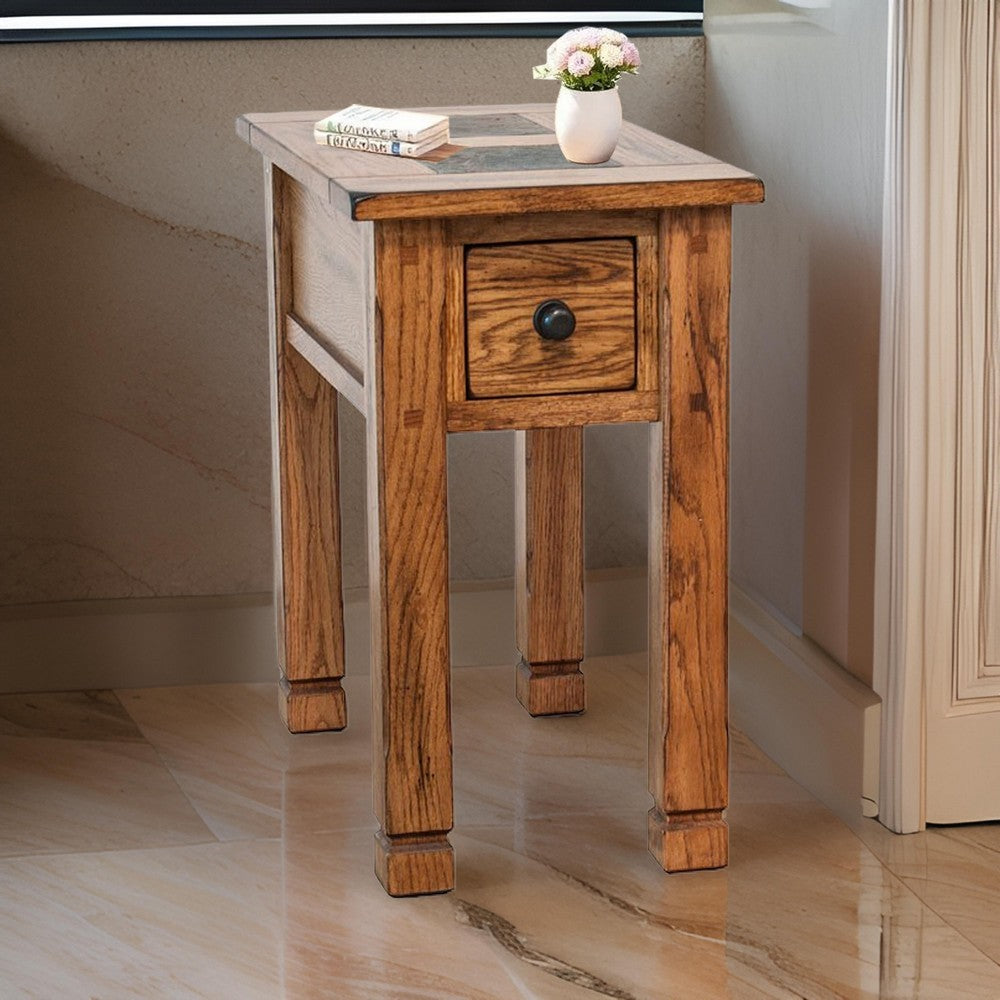 Benjara Marv Accent Chair Side Table, 25 Inch Rectangular Top, Drawer, Brown