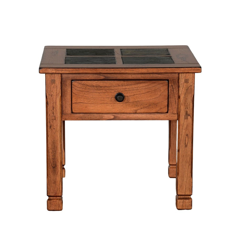 Benjara Marv Side End Table w Drawer, 26 Inch Square Slate Inlay Top, Brown