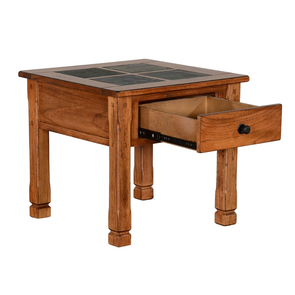 Benjara Marv Side End Table w Drawer, 26 Inch Square Slate Inlay Top, Brown