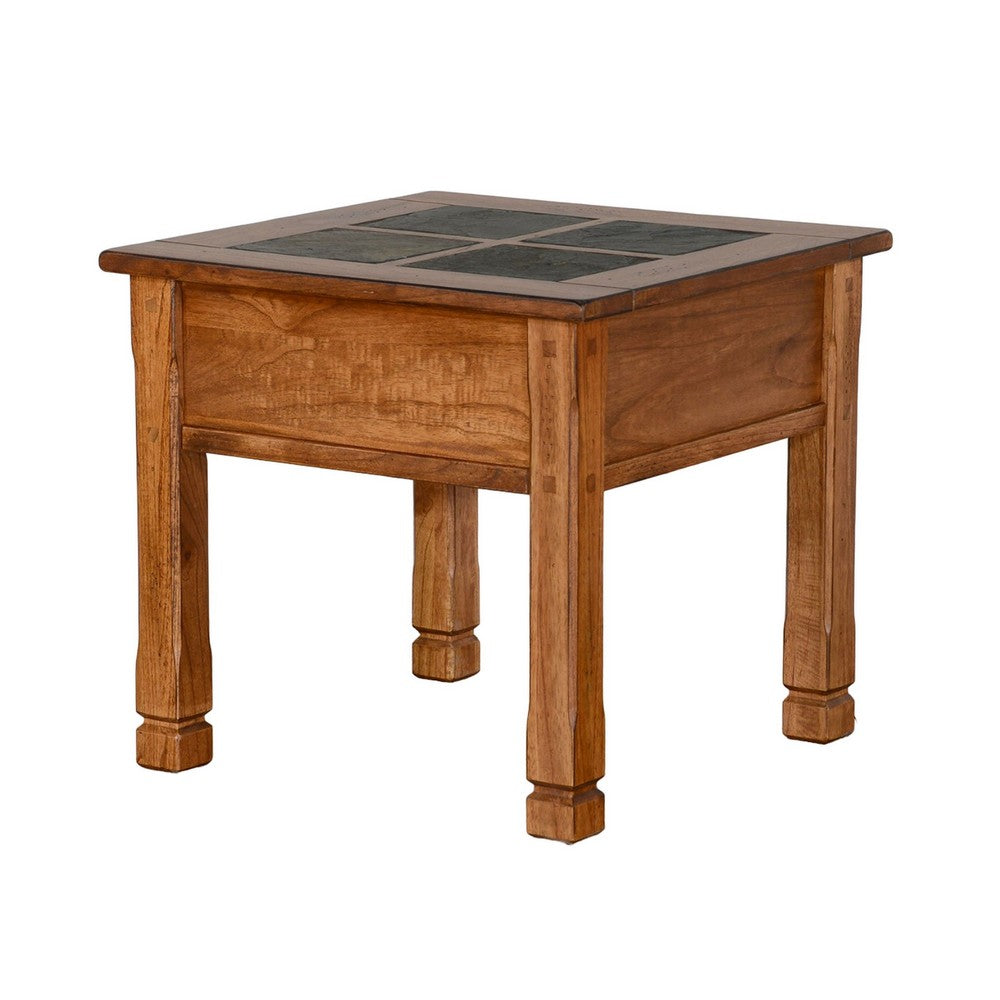 Benjara Marv Side End Table w Drawer, 26 Inch Square Slate Inlay Top, Brown