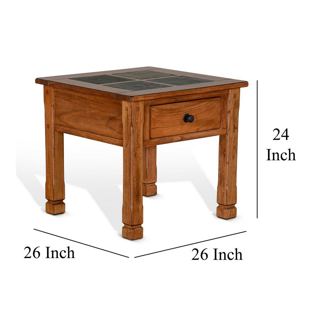 Benjara Marv Side End Table w Drawer, 26 Inch Square Slate Inlay Top, Brown