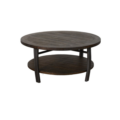 Benjara Flint Coffee Table w Shelf, Barrel Shape, 38 Inch Dark Brown Round Top