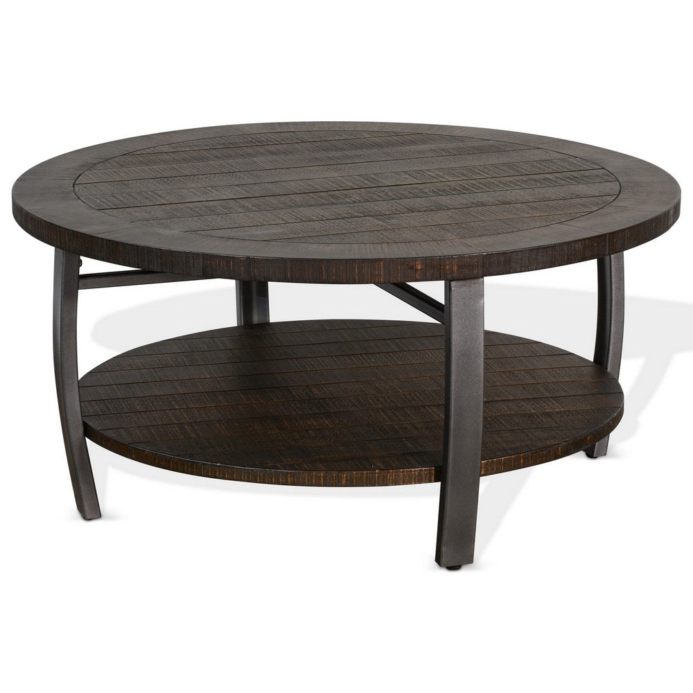 Benjara Flint Coffee Table w Shelf, Barrel Shape, 38 Inch Dark Brown Round Top