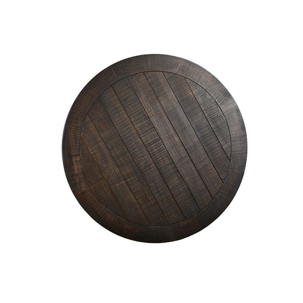 Benjara Flint Coffee Table w Shelf, Barrel Shape, 38 Inch Dark Brown Round Top