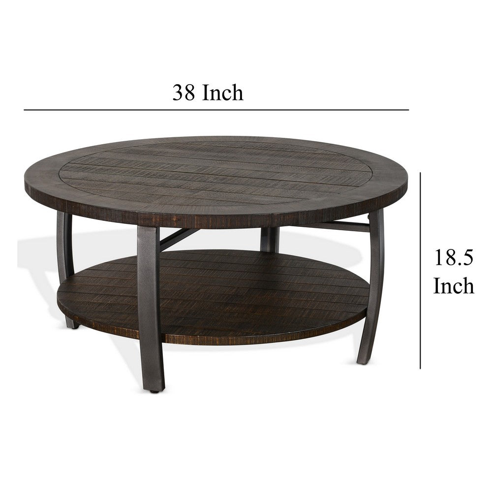Benjara Flint Coffee Table w Shelf, Barrel Shape, 38 Inch Dark Brown Round Top