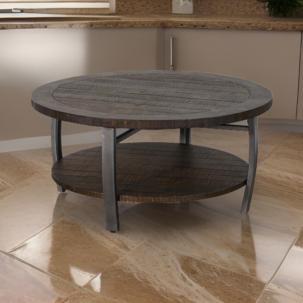 Benjara Flint Coffee Table w Shelf, Barrel Shape, 38 Inch Dark Brown Round Top