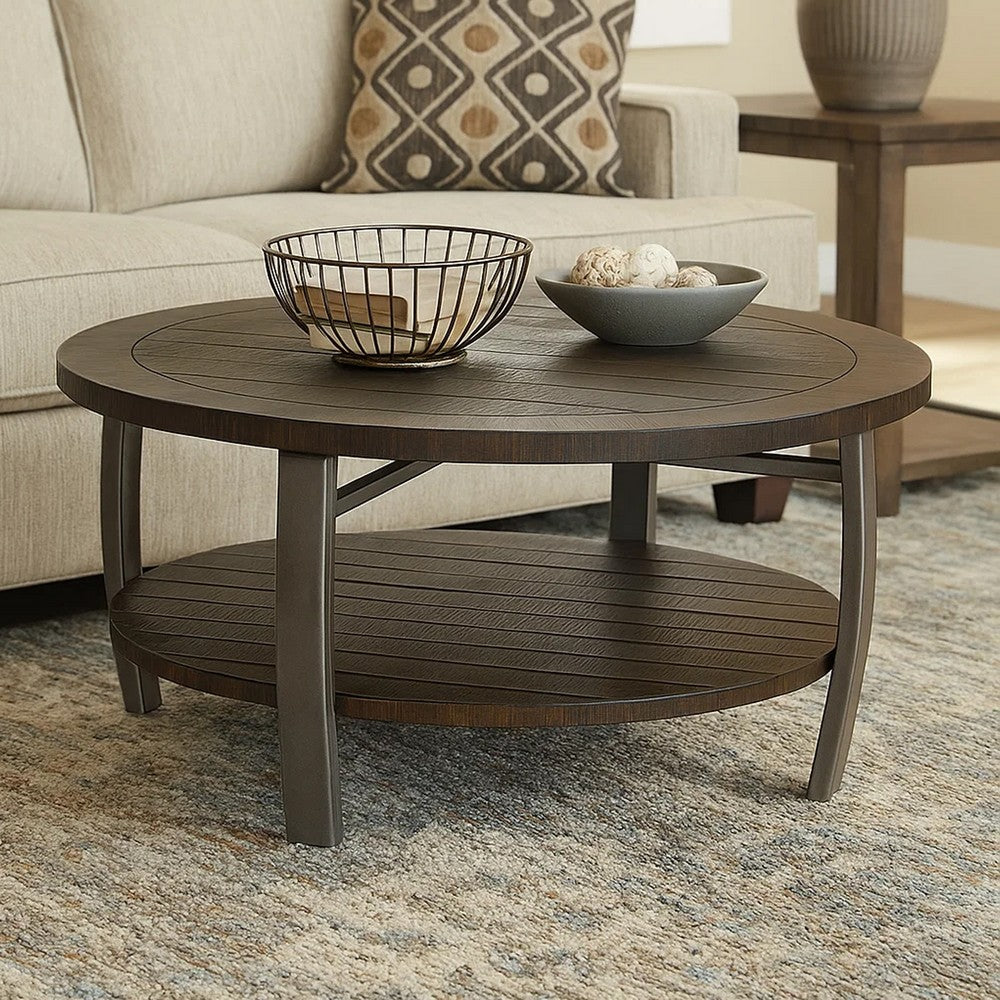 Benjara Flint Coffee Table w Shelf, Barrel Shape, 38 Inch Dark Brown Round Top