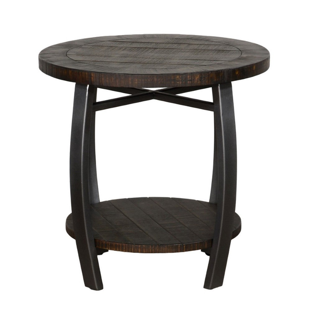 Benjara Flint Side End Table w Shelf, Barrel Shape, 24 Inch Dark Brown Round