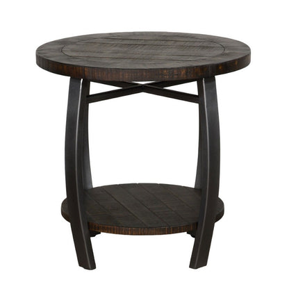 Benjara Flint Side End Table w Shelf, Barrel Shape, 24 Inch Dark Brown Round