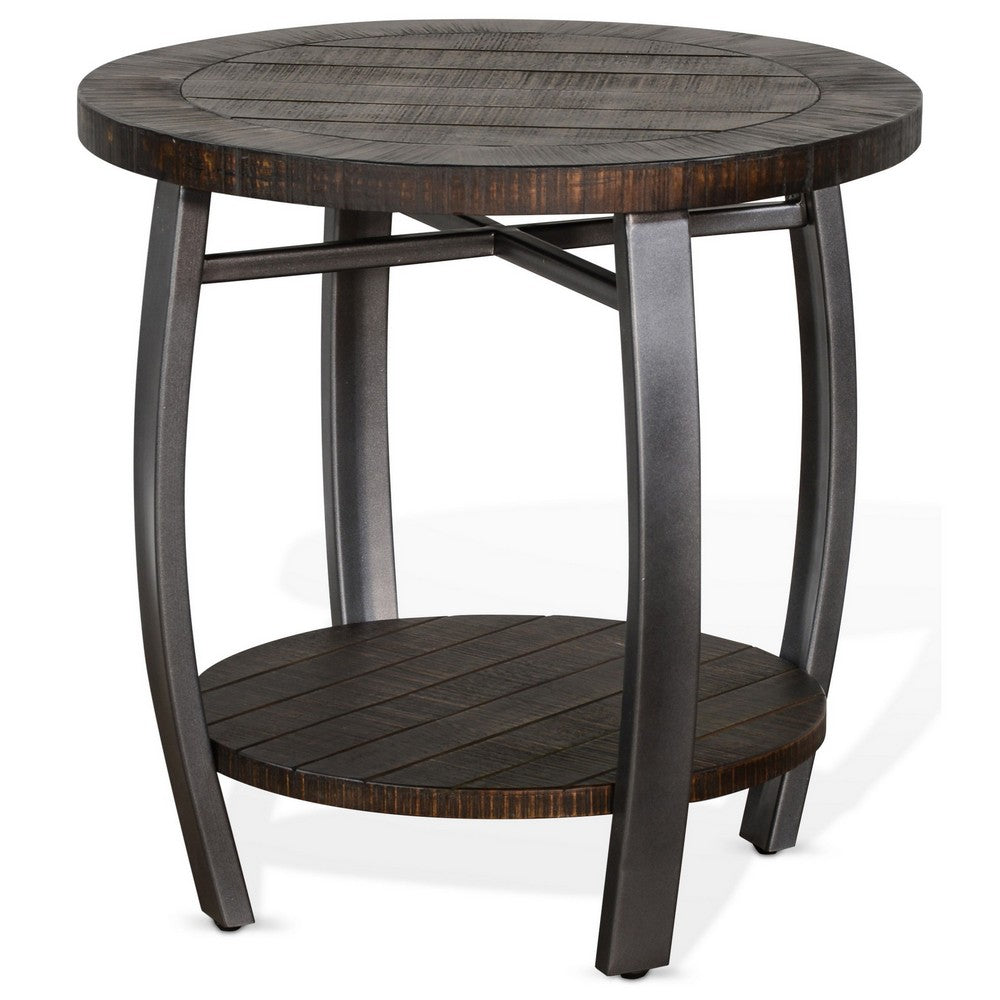 Benjara Flint Side End Table w Shelf, Barrel Shape, 24 Inch Dark Brown Round