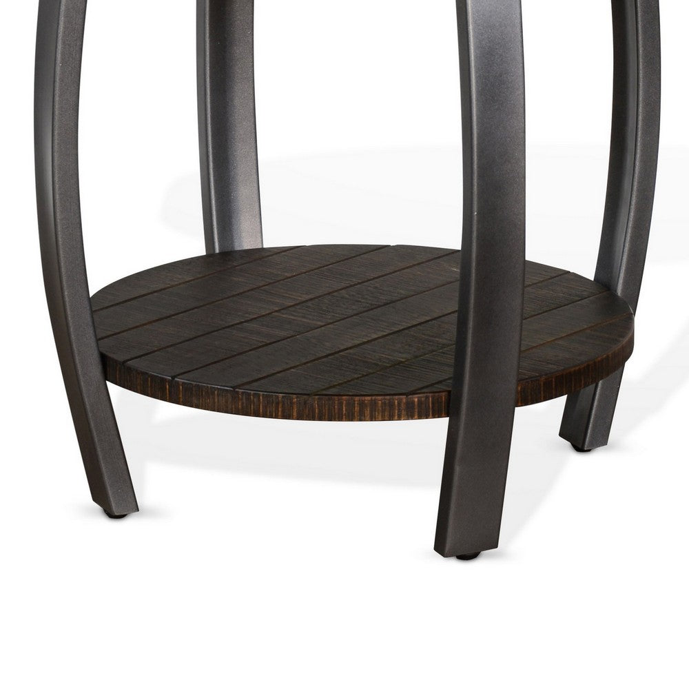 Benjara Flint Side End Table w Shelf, Barrel Shape, 24 Inch Dark Brown Round