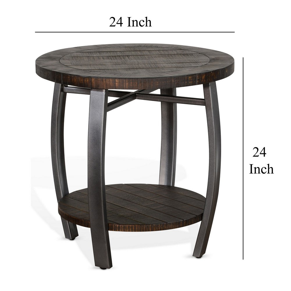 Benjara Flint Side End Table w Shelf, Barrel Shape, 24 Inch Dark Brown Round