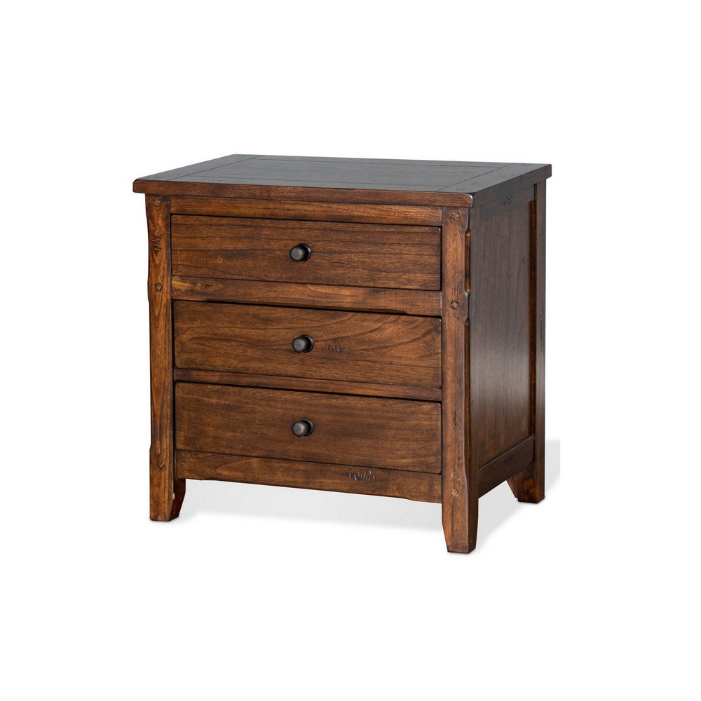 Benjara Odell Nightstand, 3 Drawers, Bronze, Rustic Dark Brown Solid Wood