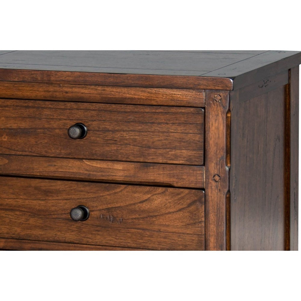 Benjara Odell Nightstand, 3 Drawers, Bronze, Rustic Dark Brown Solid Wood