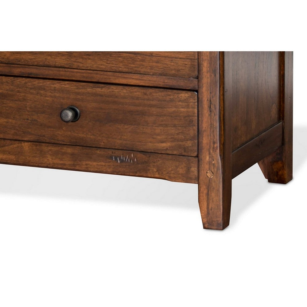 Benjara Odell Nightstand, 3 Drawers, Bronze, Rustic Dark Brown Solid Wood