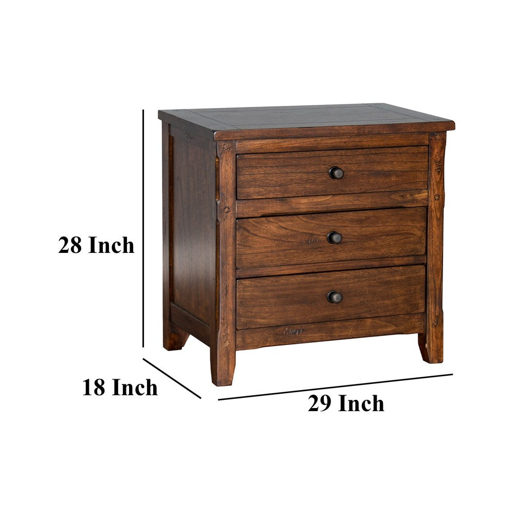 Benjara Odell Nightstand, 3 Drawers, Bronze, Rustic Dark Brown Solid Wood