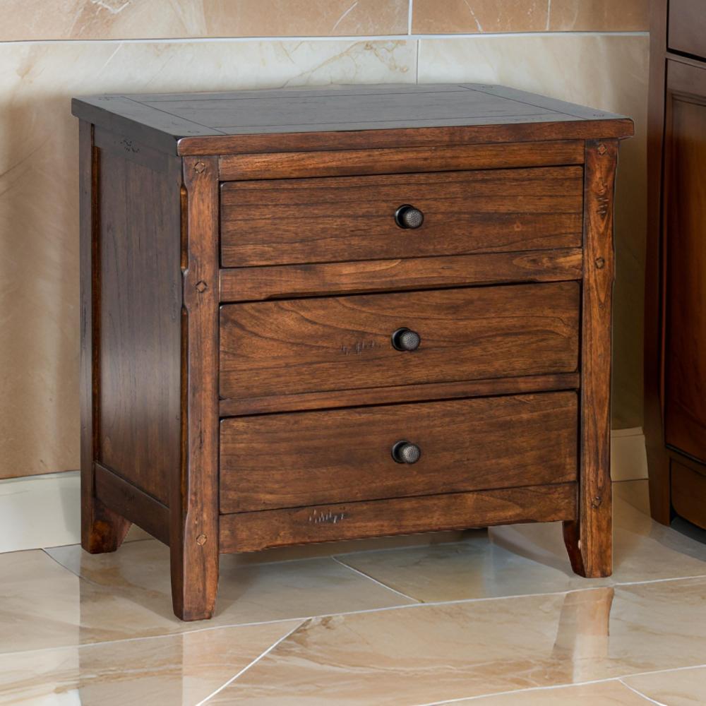 Benjara Odell Nightstand, 3 Drawers, Bronze, Rustic Dark Brown Solid Wood