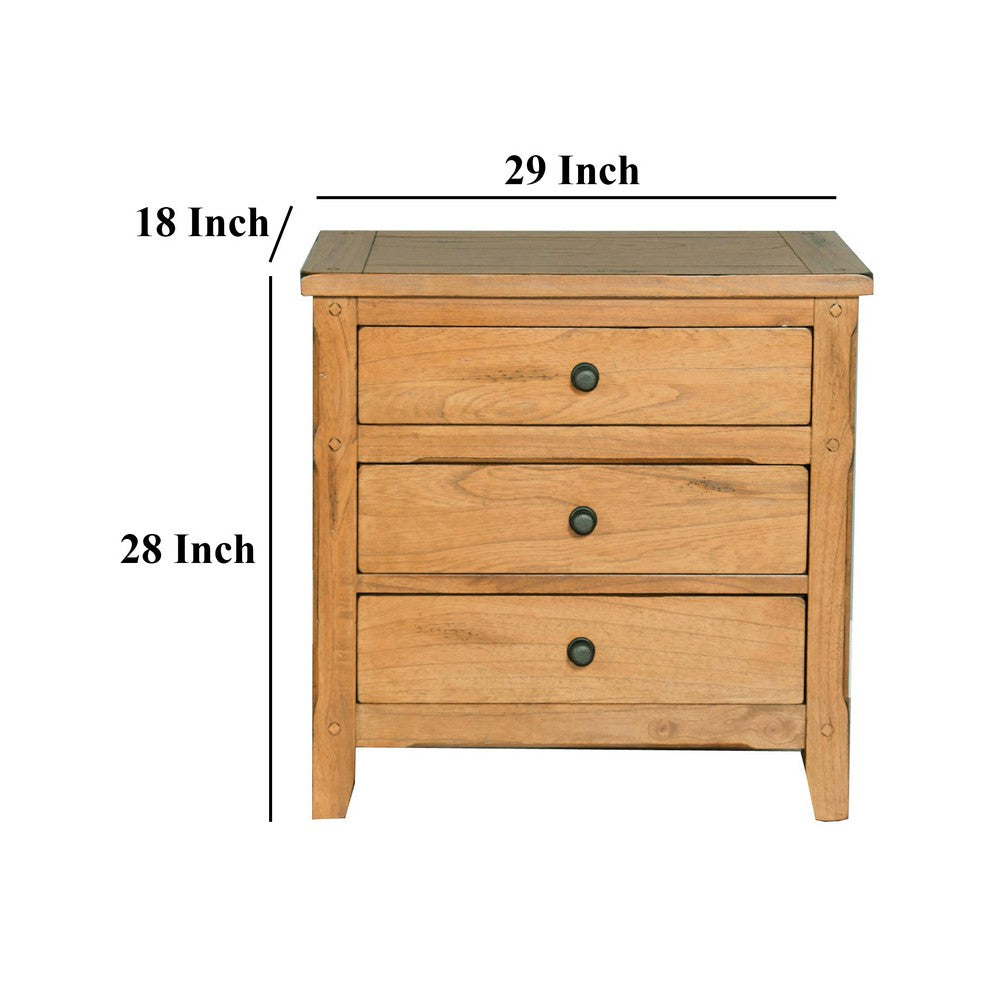 Benjara Marv Nightstand, 3 Drawers, Rustic Light Brown Solid Wood 29 Inch