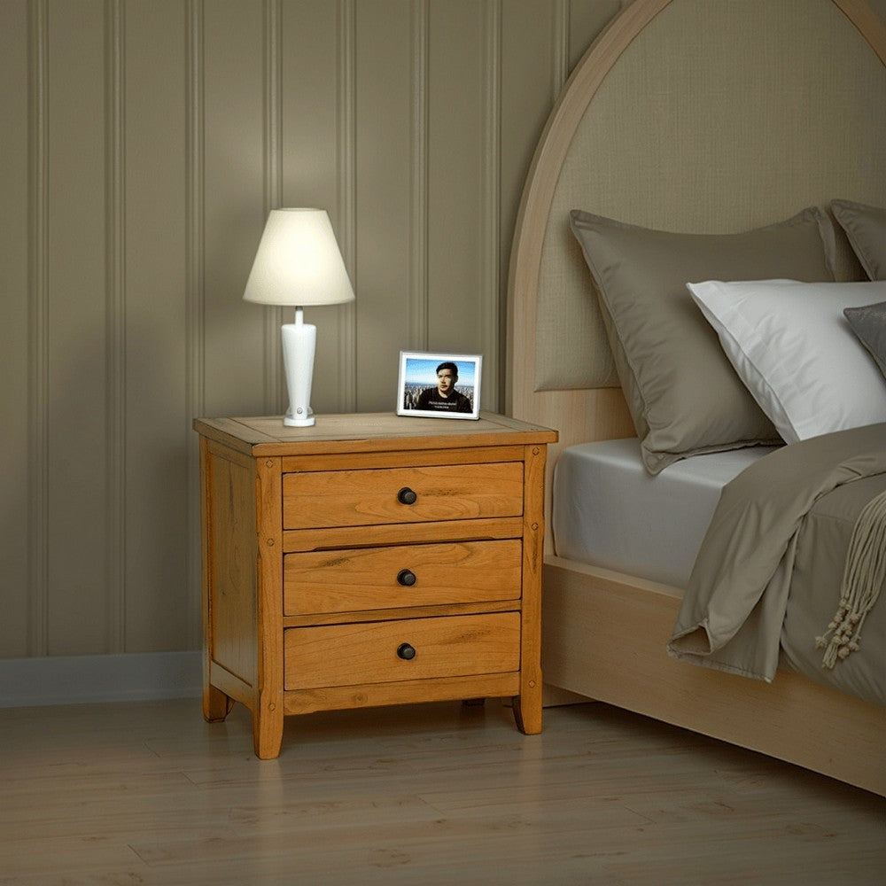 Benjara Marv Nightstand, 3 Drawers, Rustic Light Brown Solid Wood 29 Inch