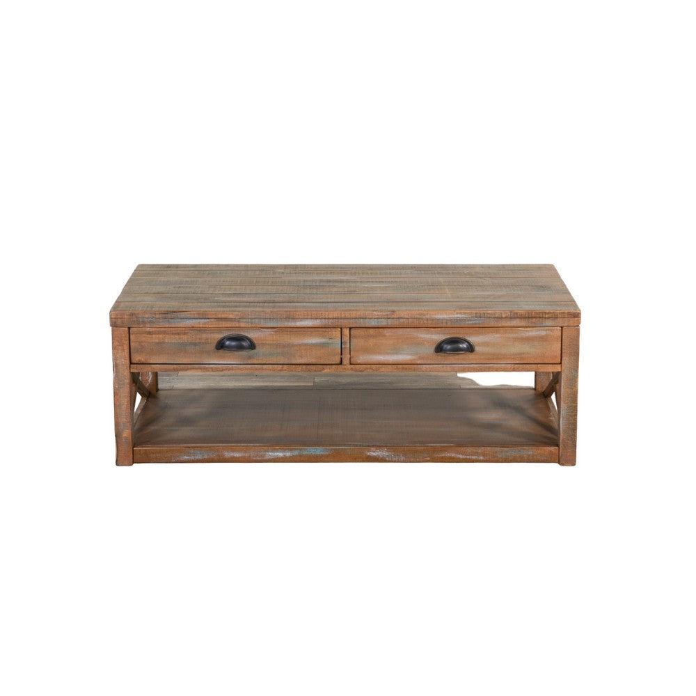 Benjara Rany Cocktail Table, 2 Drawers, Shelf, 48 Inch Rectangular Light Brown
