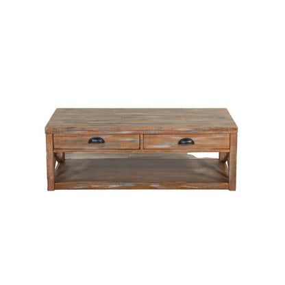 Benjara Rany Cocktail Table, 2 Drawers, Shelf, 48 Inch Rectangular Light Brown