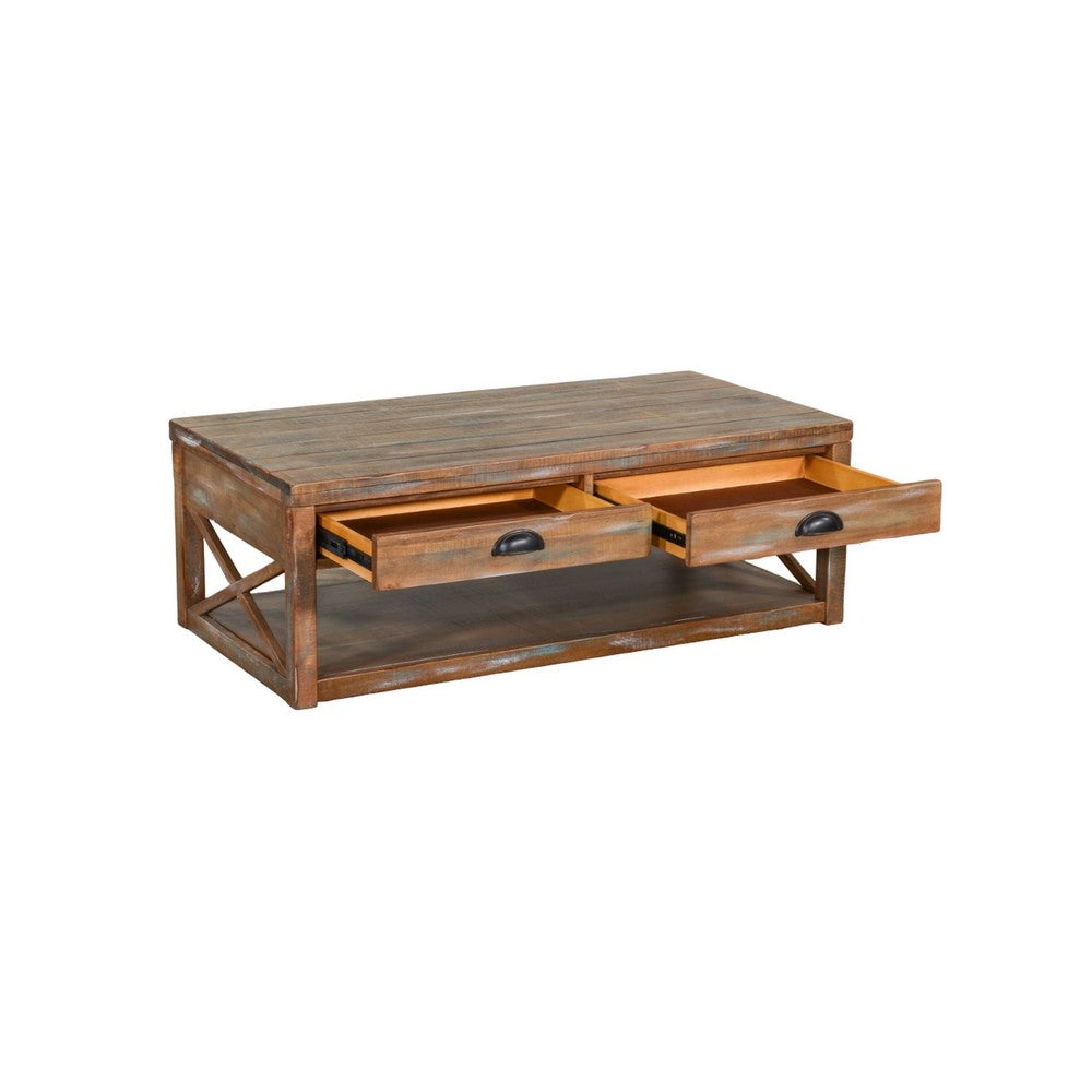 Benjara Rany Cocktail Table, 2 Drawers, Shelf, 48 Inch Rectangular Light Brown