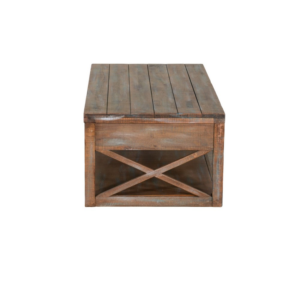 Benjara Rany Cocktail Table, 2 Drawers, Shelf, 48 Inch Rectangular Light Brown