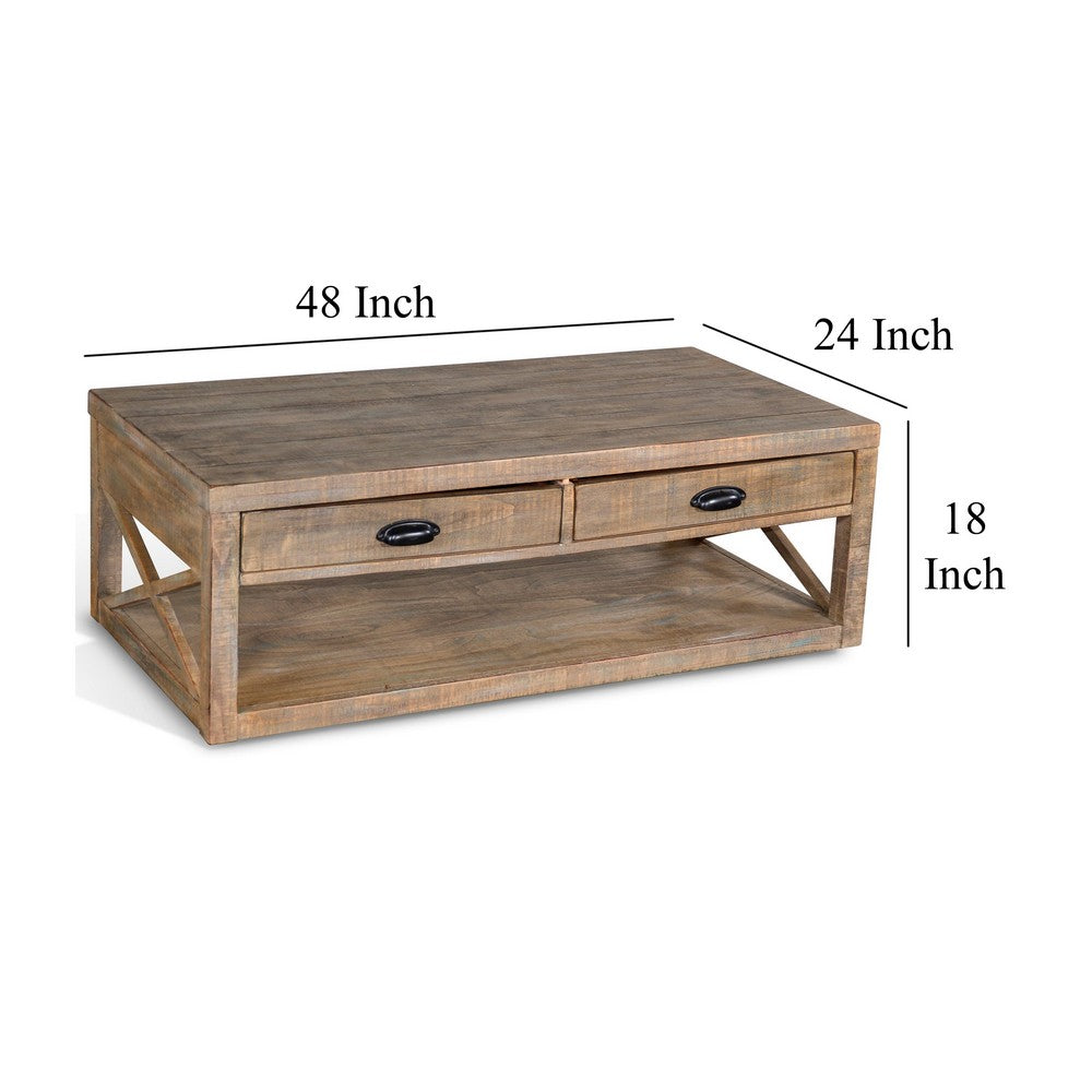 Benjara Rany Cocktail Table, 2 Drawers, Shelf, 48 Inch Rectangular Light Brown