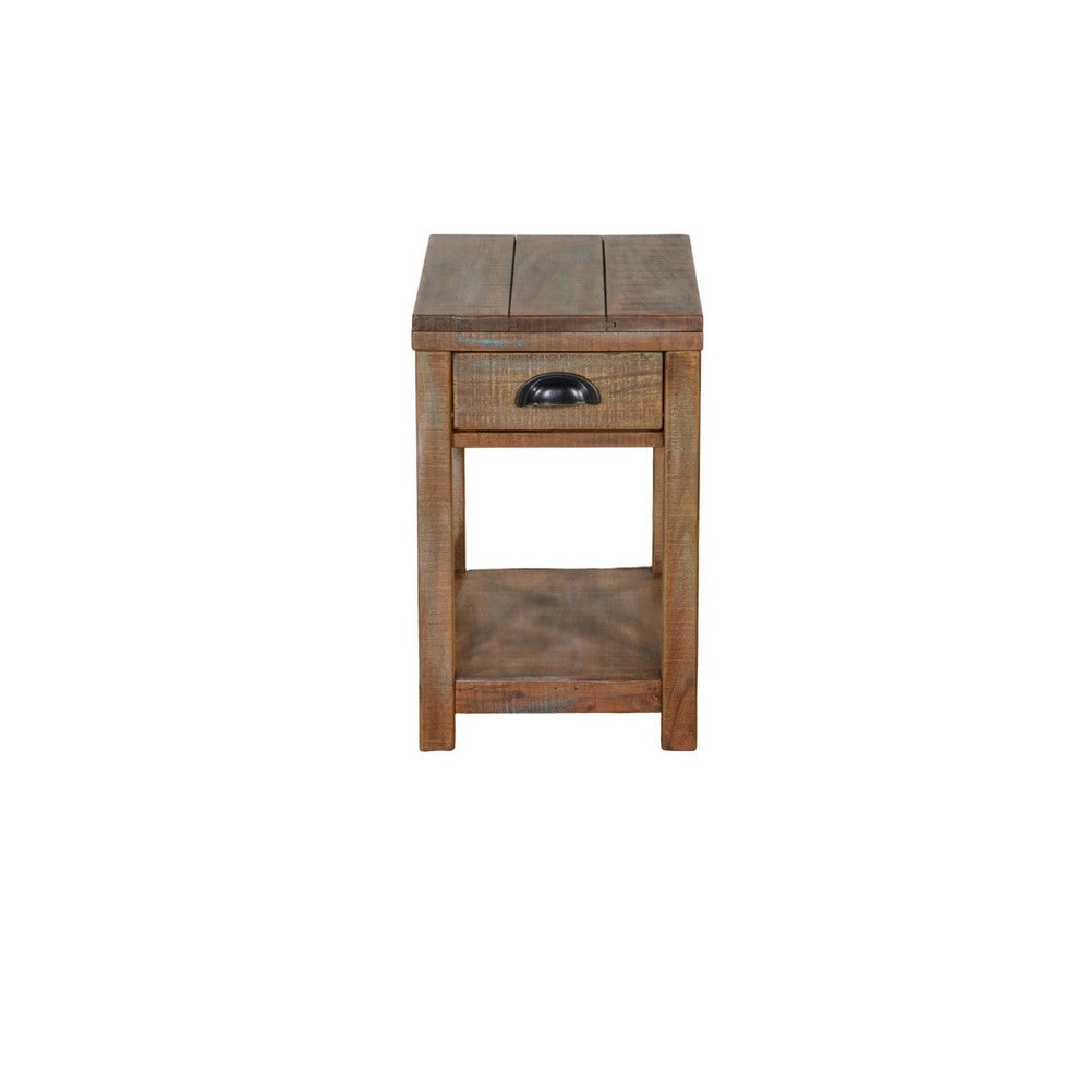 Benjara Rany Accent Table, Drawer, Shelf, 22 Inch Rectangular Top, Light Brown
