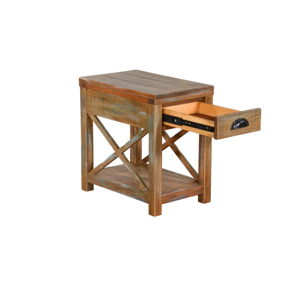 Benjara Rany Accent Table, Drawer, Shelf, 22 Inch Rectangular Top, Light Brown