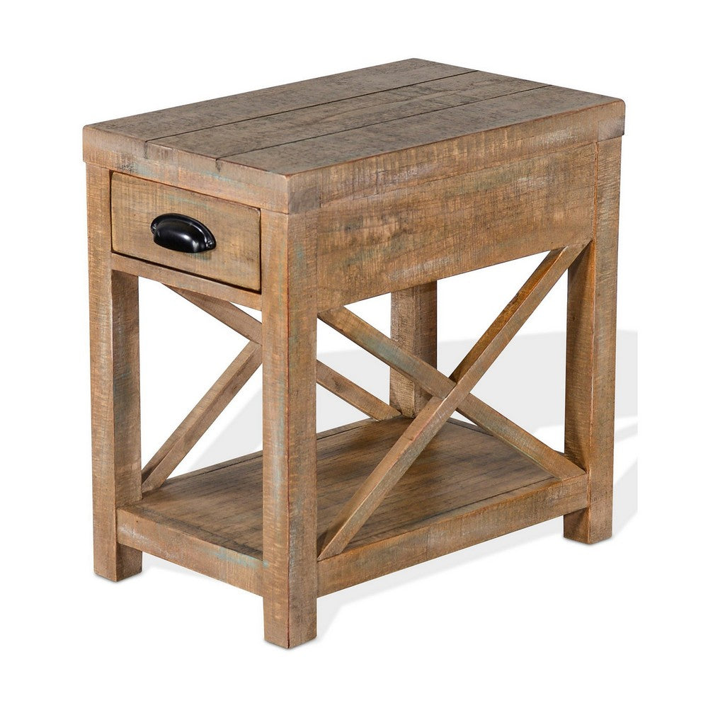 Benjara Rany Accent Table, Drawer, Shelf, 22 Inch Rectangular Top, Light Brown