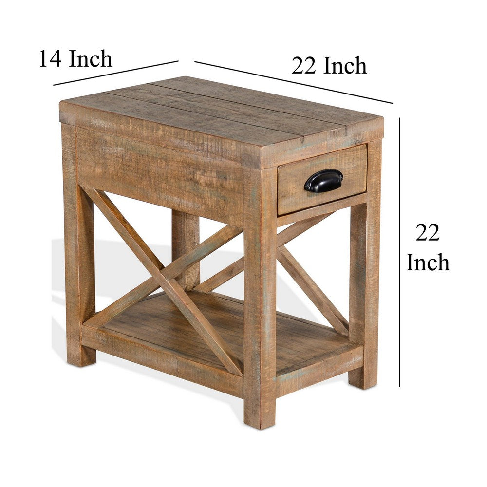 Benjara Rany Accent Table, Drawer, Shelf, 22 Inch Rectangular Top, Light Brown