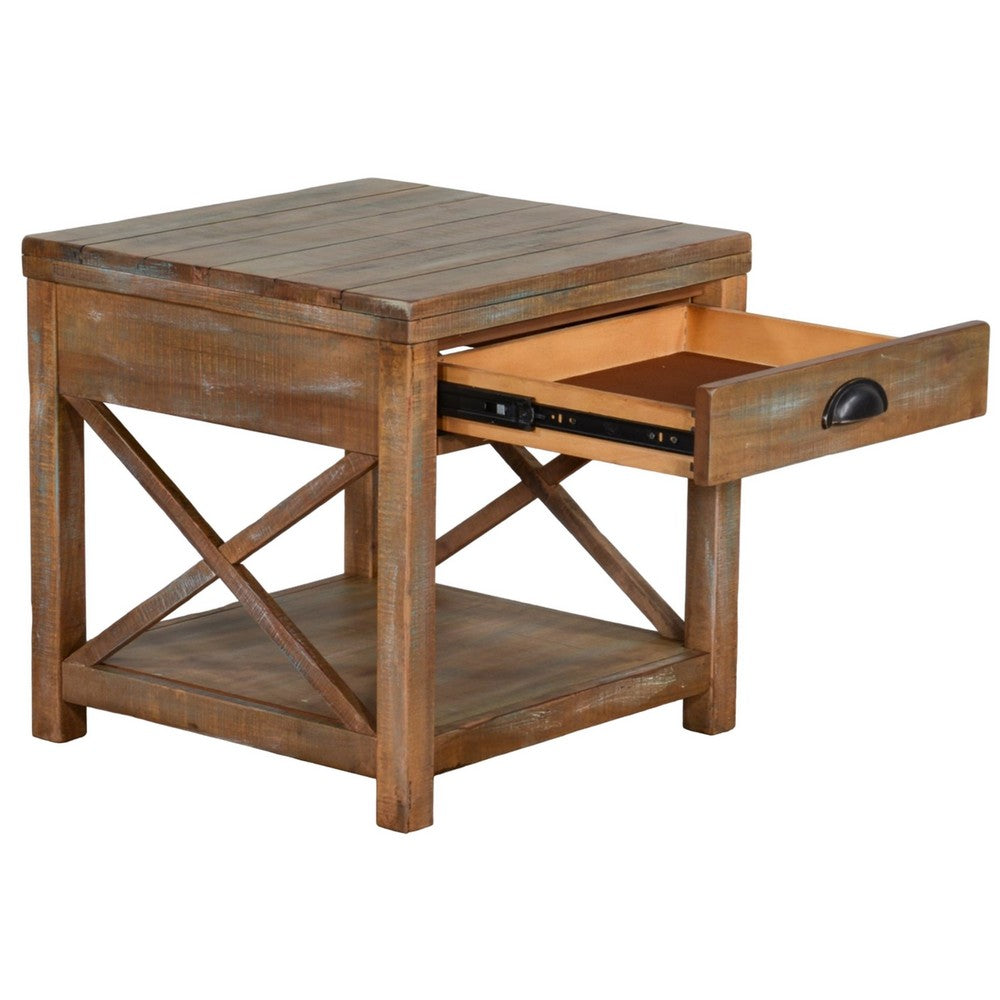 Benjara Rany Side End Table, Drawer, Shelf, 22 Inch Square Top, Light Brown