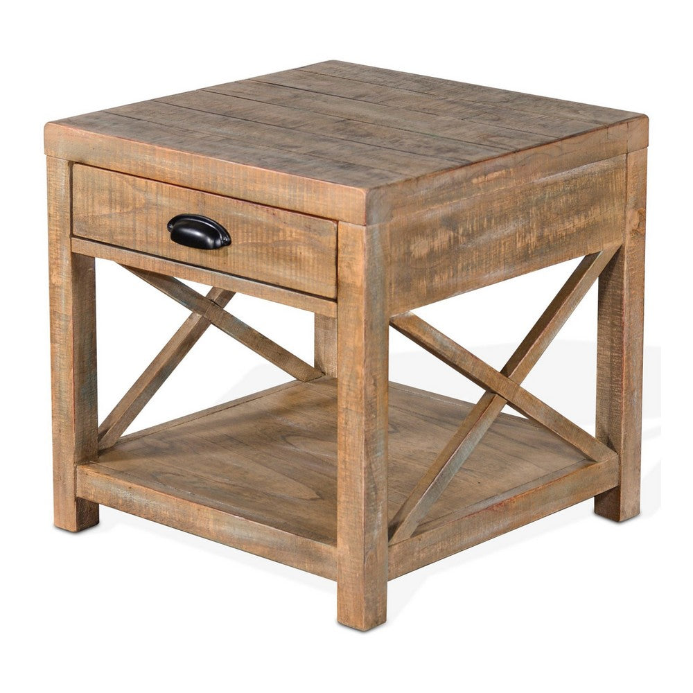 Benjara Rany Side End Table, Drawer, Shelf, 22 Inch Square Top, Light Brown