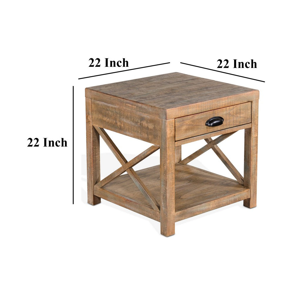 Benjara Rany Side End Table, Drawer, Shelf, 22 Inch Square Top, Light Brown