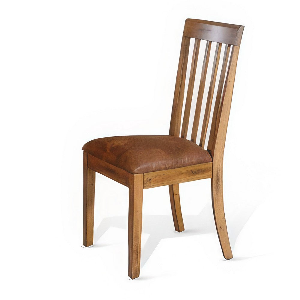 Benjara Marv Set of 2 Dining Chairs, Slat Back, Light Brown Microfiber, Mahogany Mindi