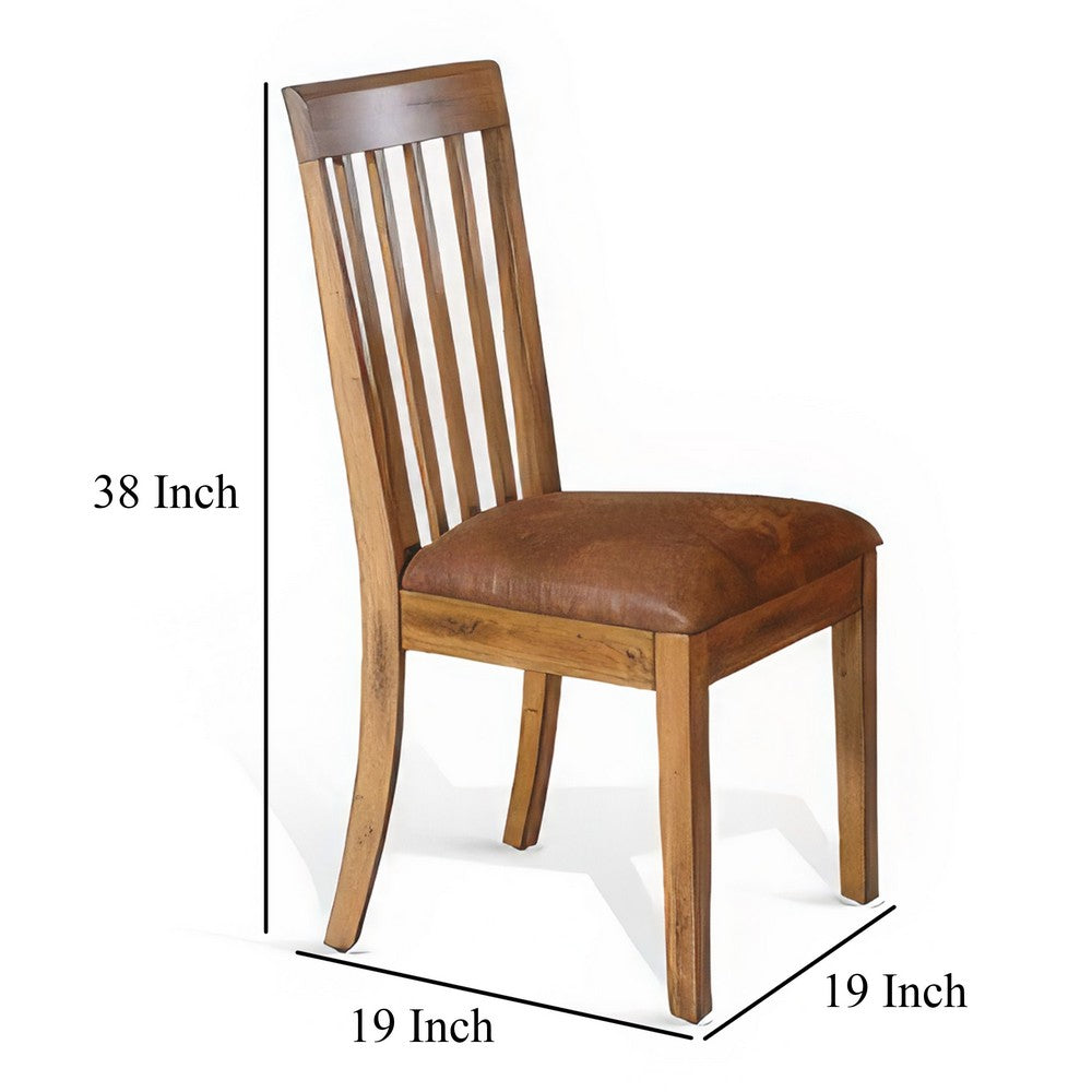 Benjara Marv Set of 2 Dining Chairs, Slat Back, Light Brown Microfiber, Mahogany Mindi