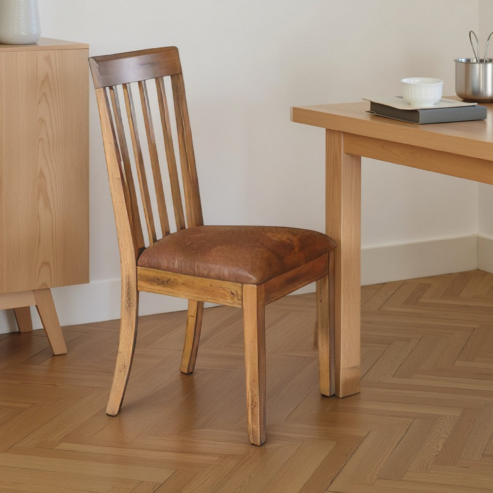 Benjara Marv Set of 2 Dining Chairs, Slat Back, Light Brown Microfiber, Mahogany Mindi