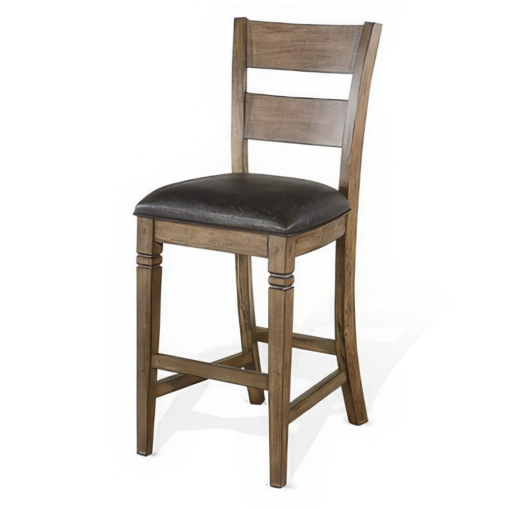 Benjara Yael Barstool Chair, Set of 2, Ladderback, Black Microfiber, Taupe Mahogany Wood
