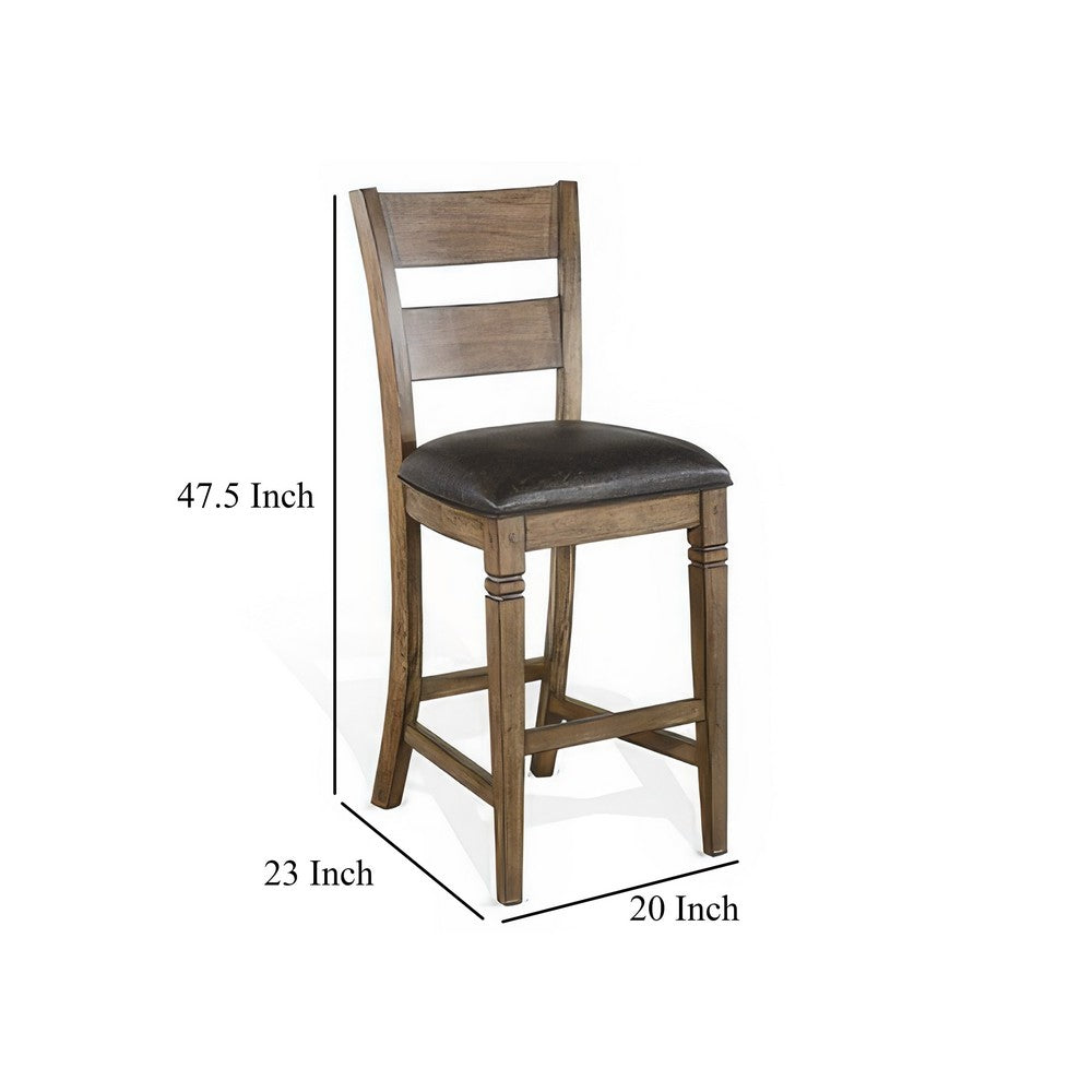 Benjara Yael Barstool Chair, Set of 2, Ladderback, Black Microfiber, Taupe Mahogany Wood