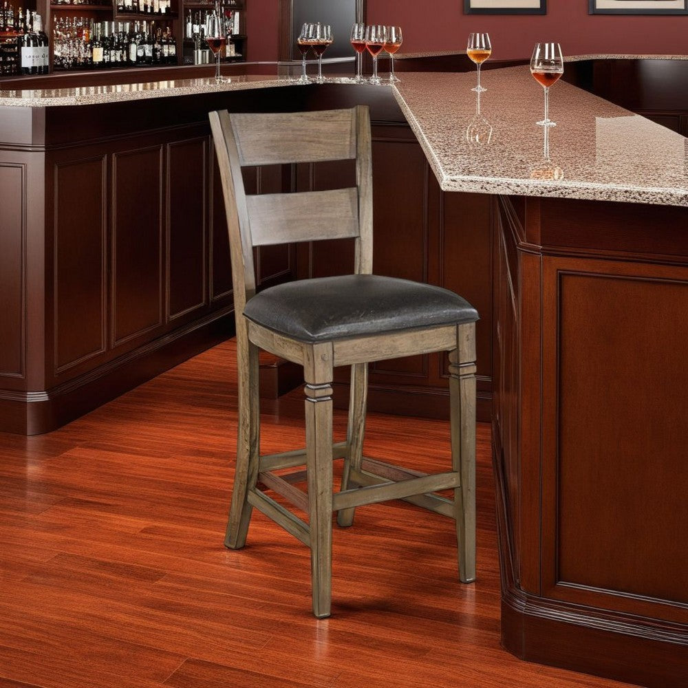 Benjara Yael Barstool Chair, Set of 2, Ladderback, Black Microfiber, Taupe Mahogany Wood