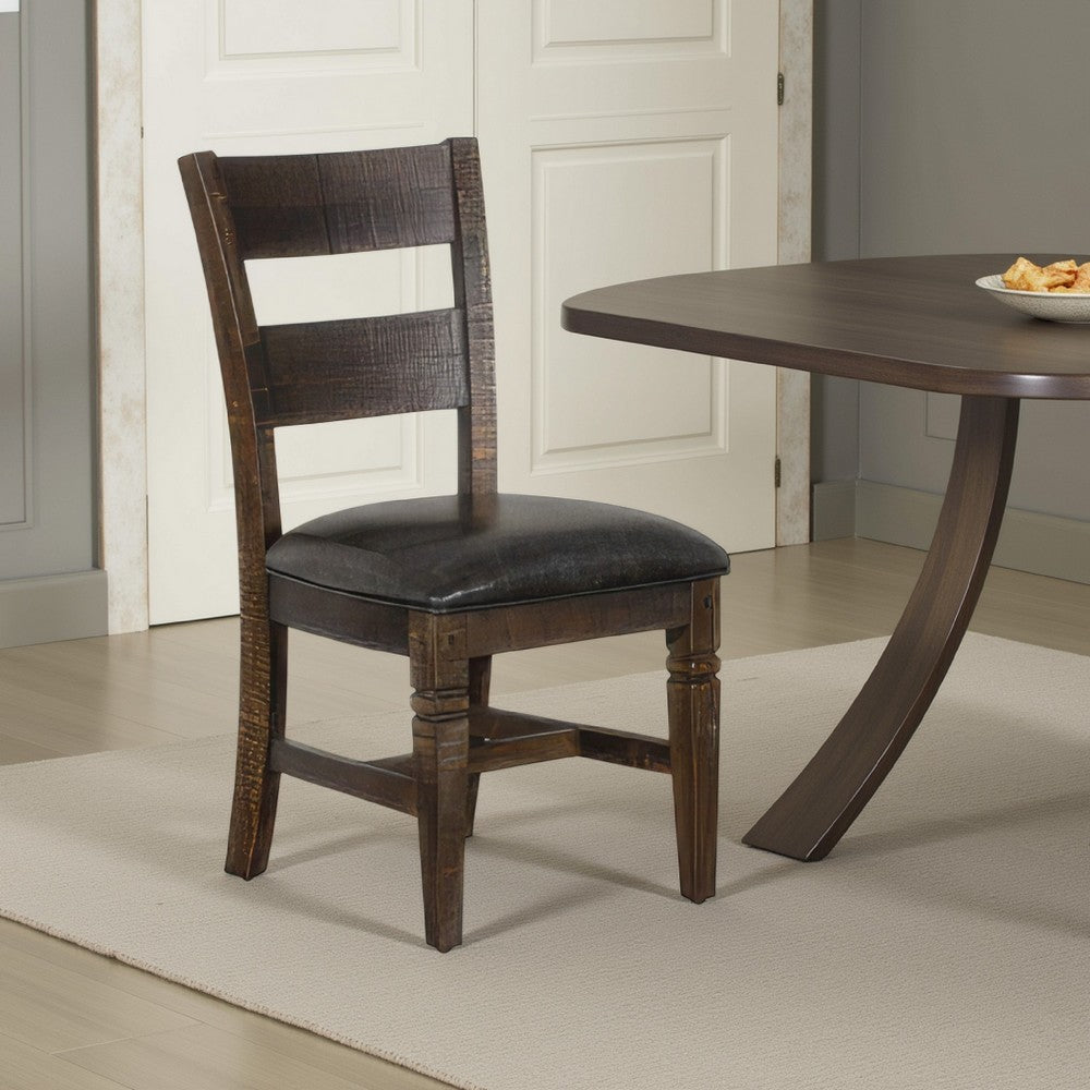 Benjara Flint Dining Chair, Set of 2, Ladderback, Dark Gray Fabric And Brown Mahogany