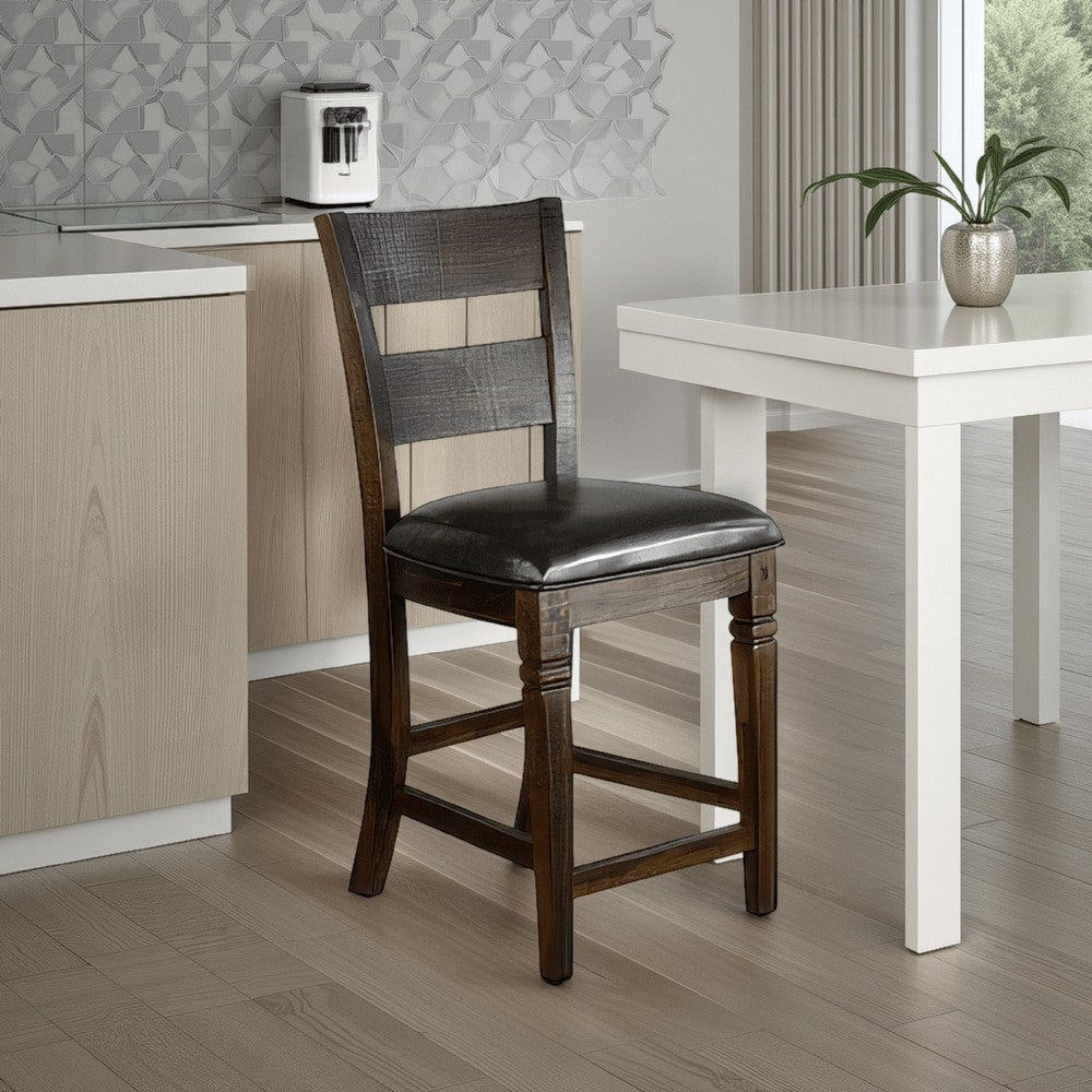 Benjara Flint Set of 2 Counter Stool Chairs, Ladderback, Black, Dark Brown Mahogany Wood