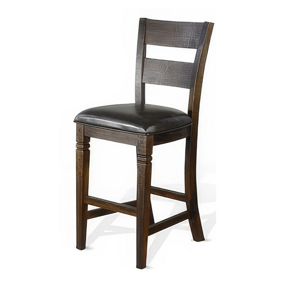 Benjara Flint Barstool Chair, Set of 2, Ladderback, Black Vinyl, Dark Brown Mahogany