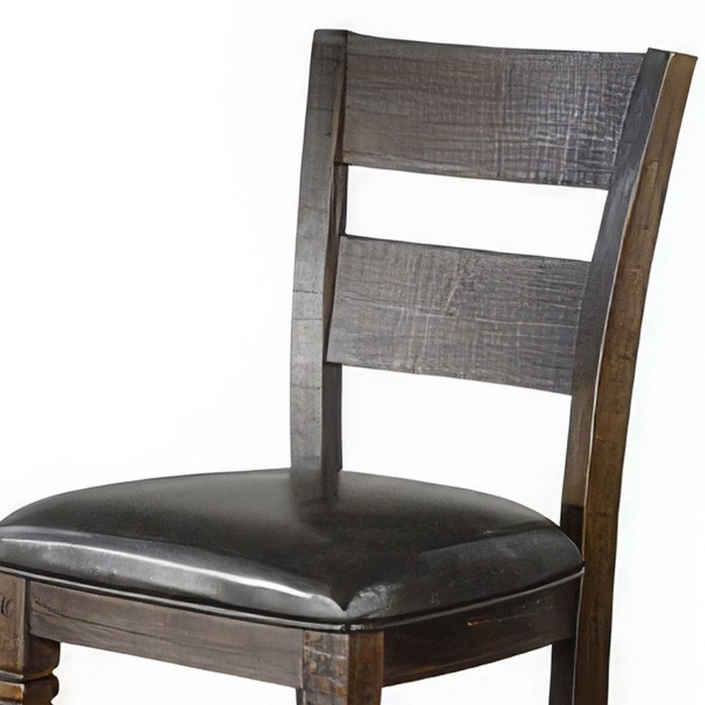 Benjara Flint Barstool Chair, Set of 2, Ladderback, Black Vinyl, Dark Brown Mahogany