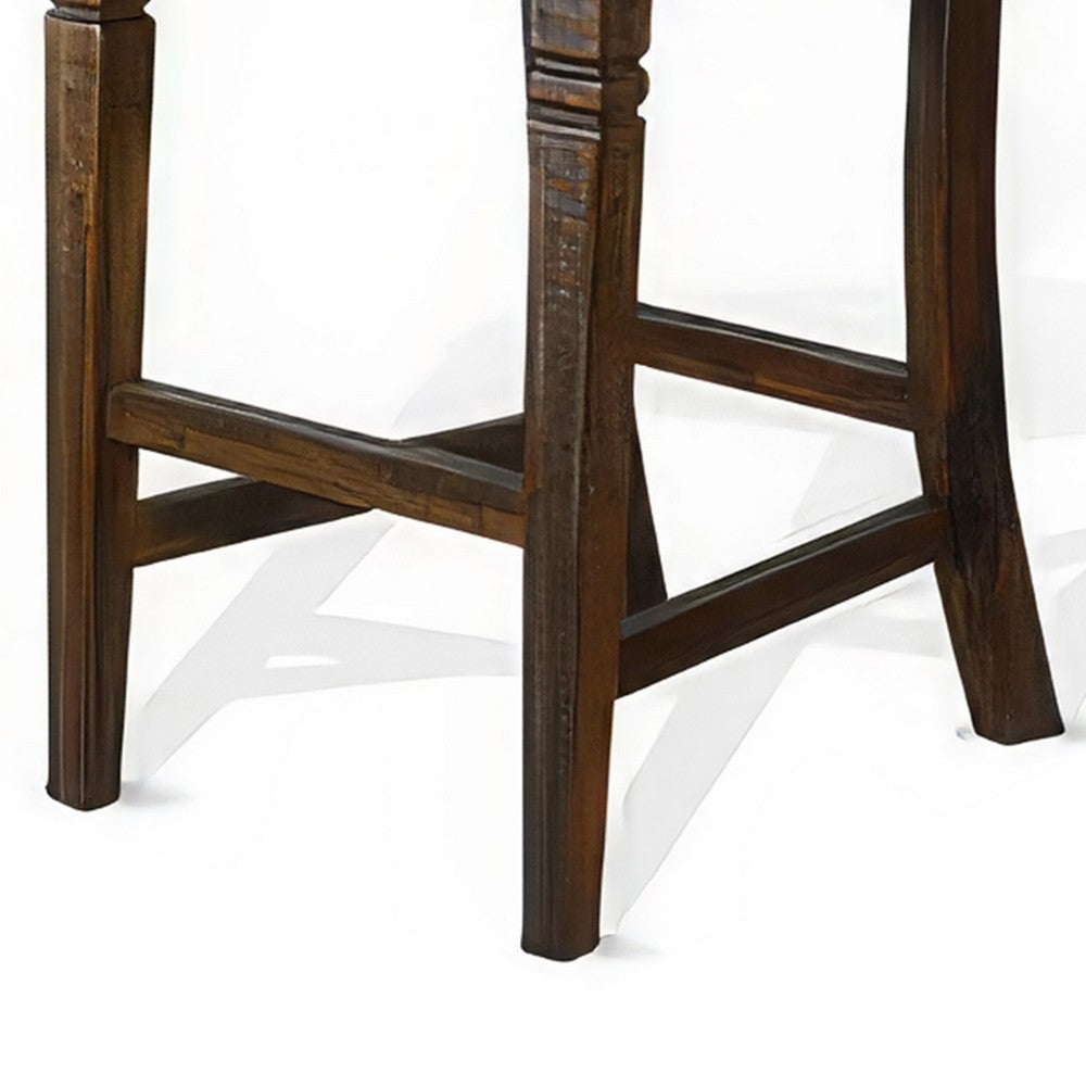 Benjara Flint Barstool Chair, Set of 2, Ladderback, Black Vinyl, Dark Brown Mahogany