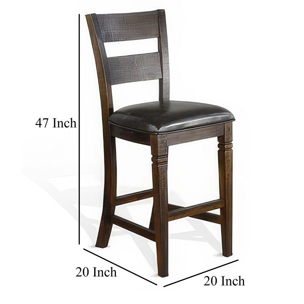 Benjara Flint Barstool Chair, Set of 2, Ladderback, Black Vinyl, Dark Brown Mahogany
