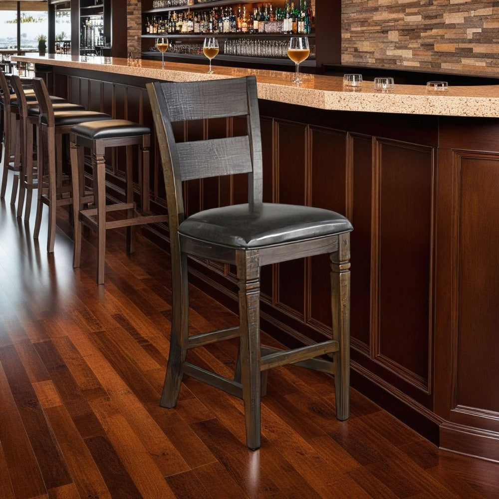 Benjara Flint Barstool Chair, Set of 2, Ladderback, Black Vinyl, Dark Brown Mahogany