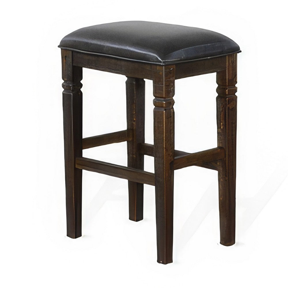 Benjara Flint Barstool, Set of 2, Backless, Plush Black Vinyl Seat, Dark Brown Mahogany